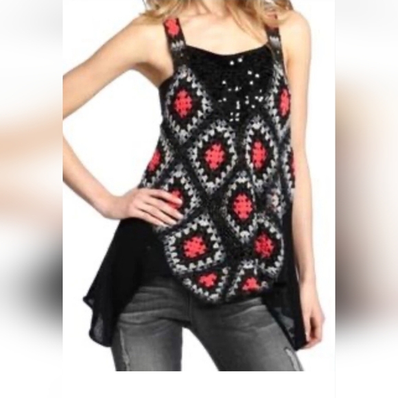 Free People Grandmas Love Crochet Sequins Trapeze Tank Top Size Med - Picture 2 of 6
